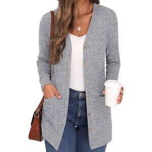 🆕Grecerelle Womens Gray Open Front Button Down Ribbed Knit Lightweight Sweaters